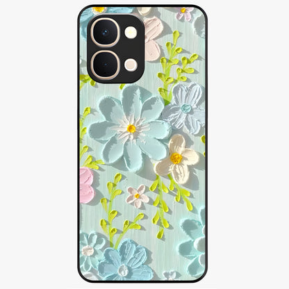 Frosted Petal Garden Glass Case showing flat back view with soft frosted floral artwork and glossy glass finish.