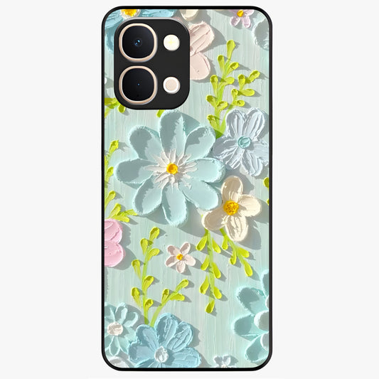 Frosted Petal Garden Glass Case showing flat back view with soft frosted floral artwork and glossy glass finish.