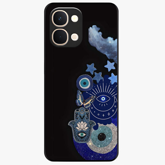 Galactic Charm Cluster Glass Case showing flat back view with glowing celestial charm artwork and glossy glass finish.