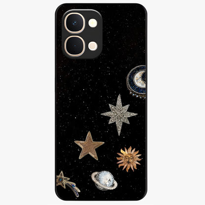 Galactic Charm Glow Glass Case showing flat back view with glowing celestial charm artwork and glossy glass finish.
