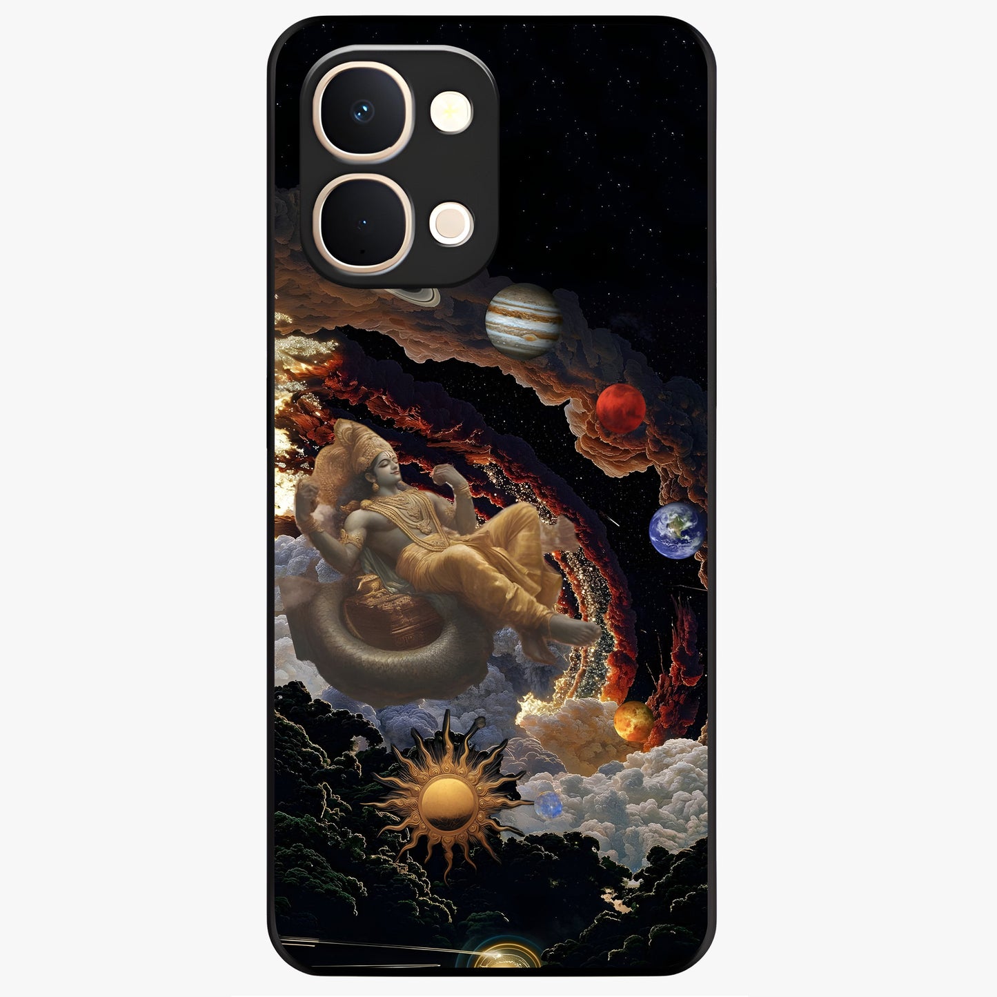 Galactic Divine God Glass Case showing flat back view with divine cosmic themed artwork and glossy glass finish.