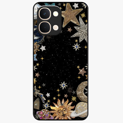 Galactic Jewel Stars Glass Case showing flat back view with sparkling star jewel artwork and glossy glass finish.