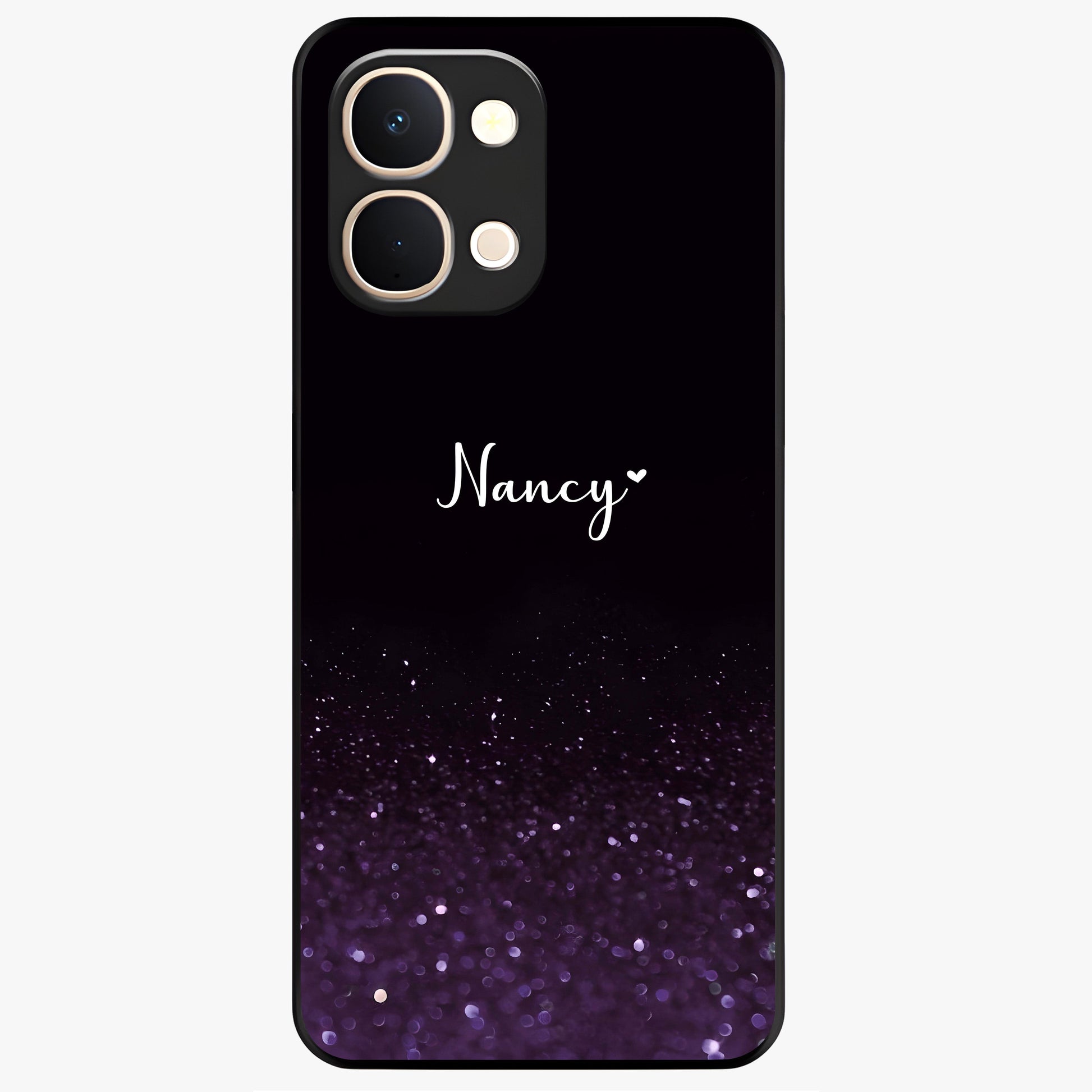 Glittery Purple Bokeh Custom Name Glass Case showing flat back view with purple bokeh sparkle artwork and personalized name design.