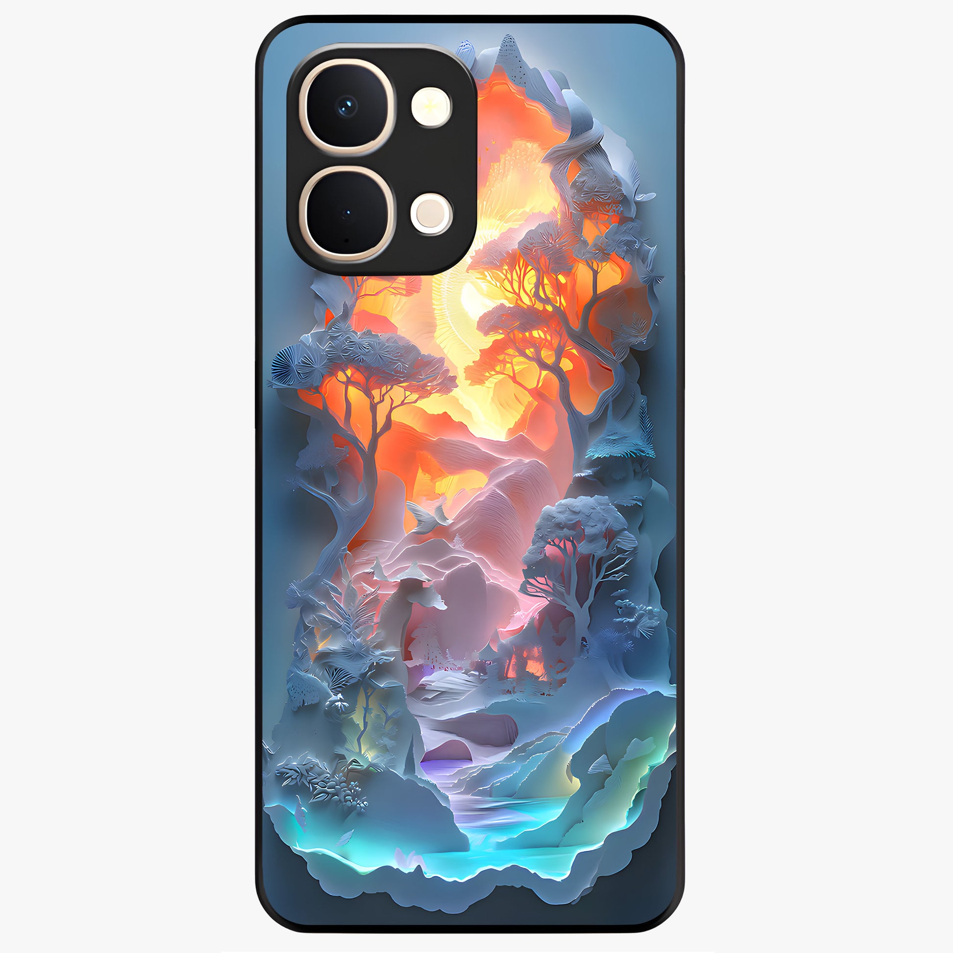 Glow Forest Portal Glass Case showing flat back view with glowing forest portal artwork and glossy glass finish.