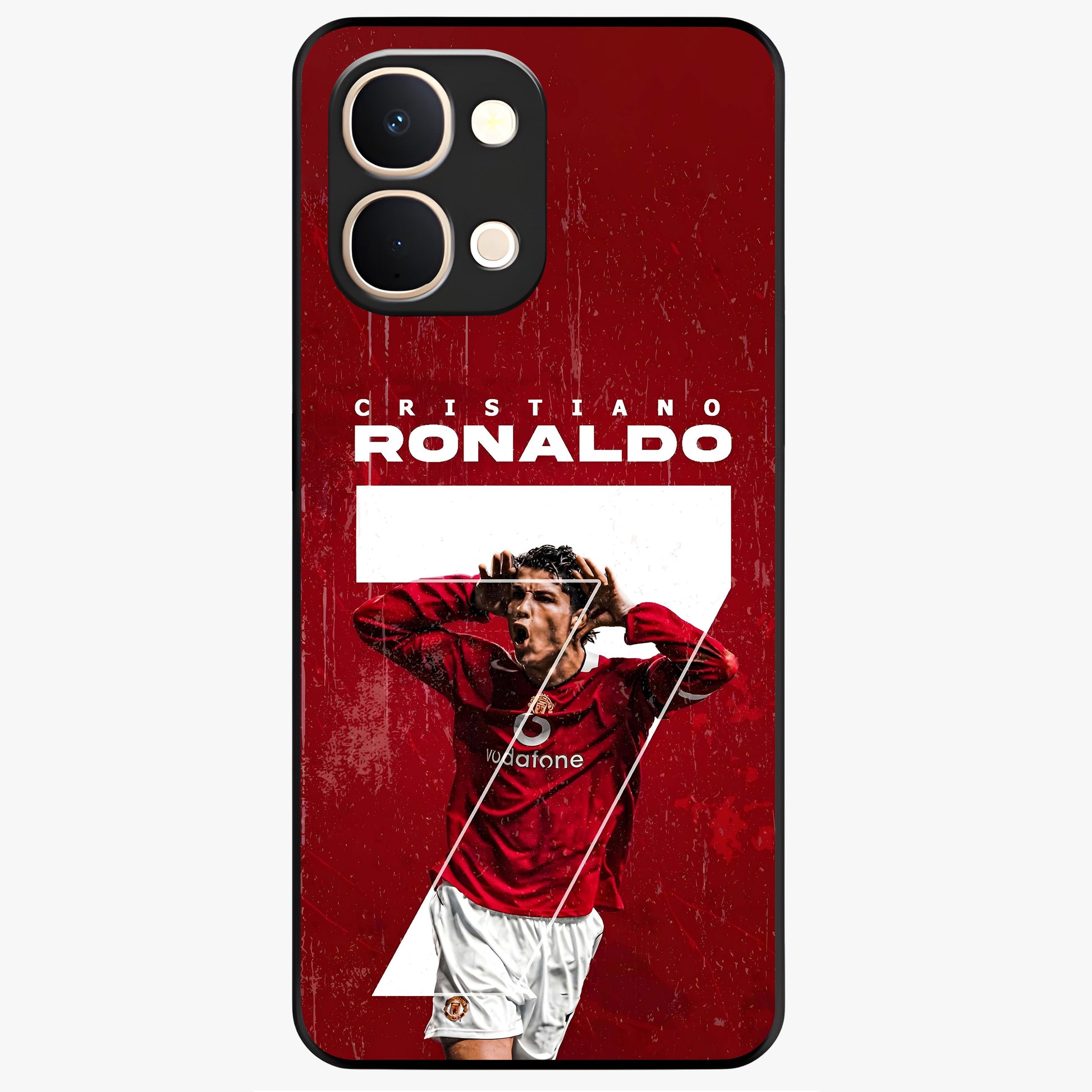 Goal Celebration Legacy Glass Case showing flat back view with football celebration inspired artwork and glossy glass finish.