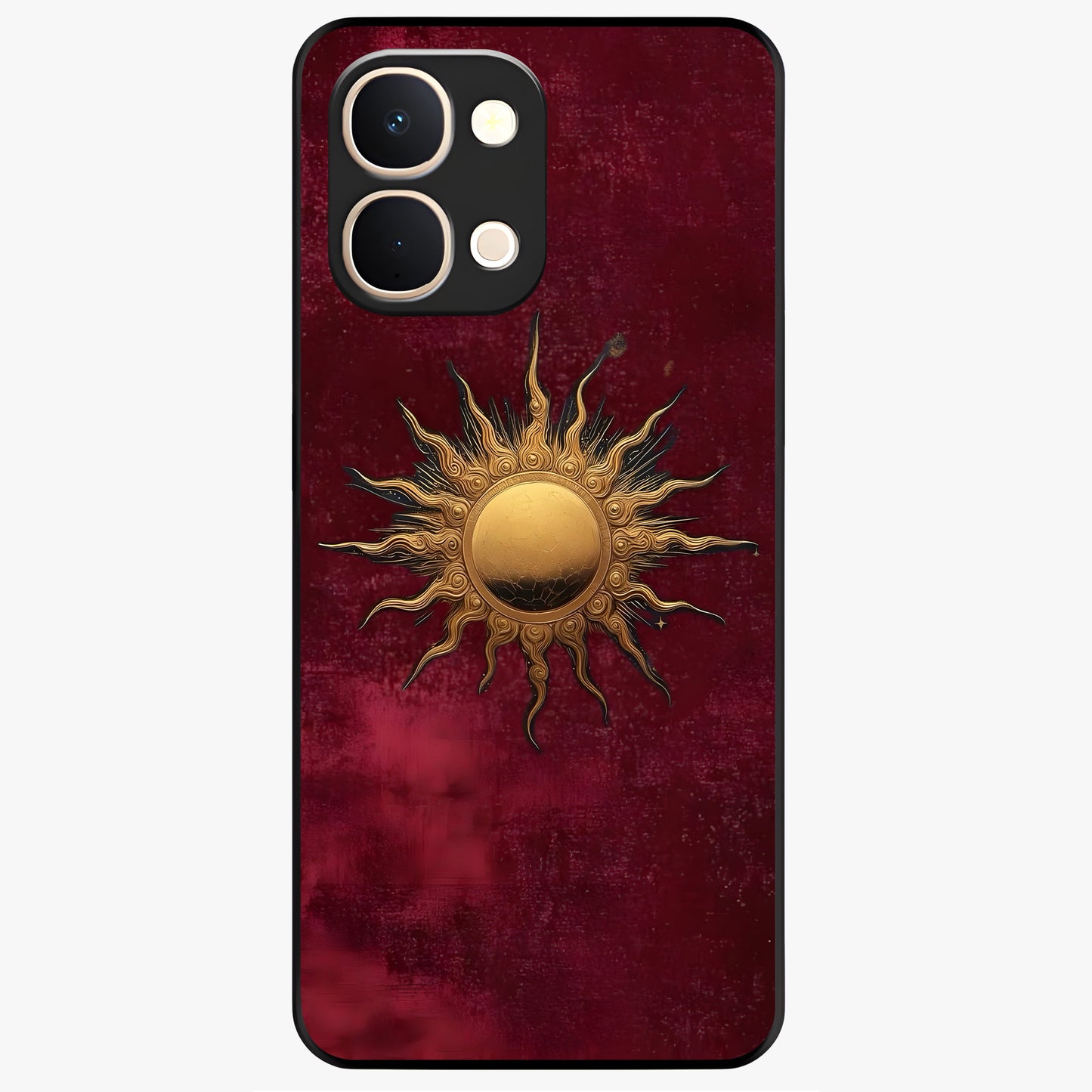 Gold Sun Blush Glass Case showing flat back view with golden sun inspired artwork and glossy glass finish.