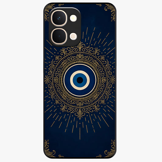 Golden Evil Eye Mandala Glass Case showing flat back view with intricate evil eye mandala artwork and glossy glass finish.