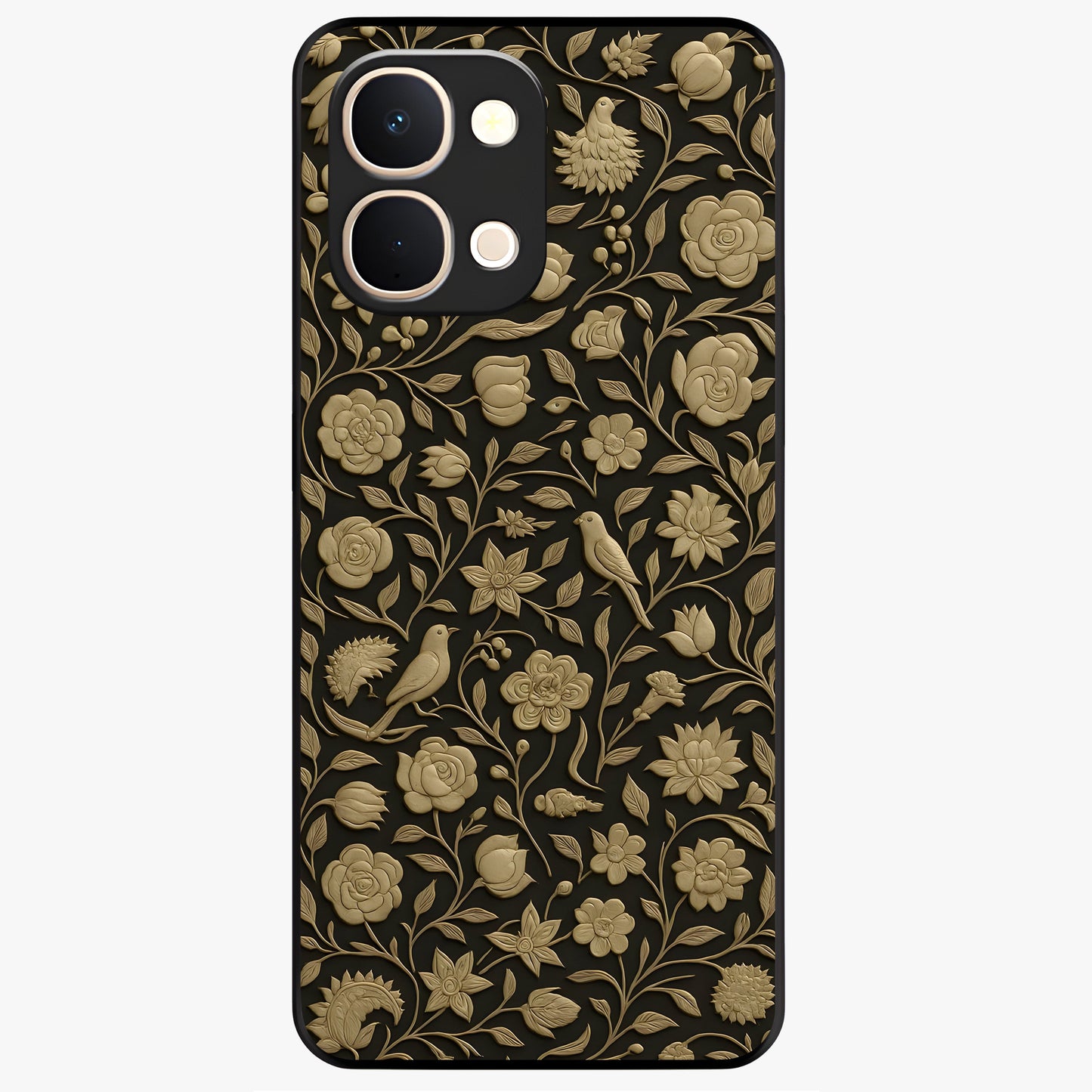 Golden Floral Majesty Glass Case showing flat back view with luxurious golden floral artwork and glossy glass finish.