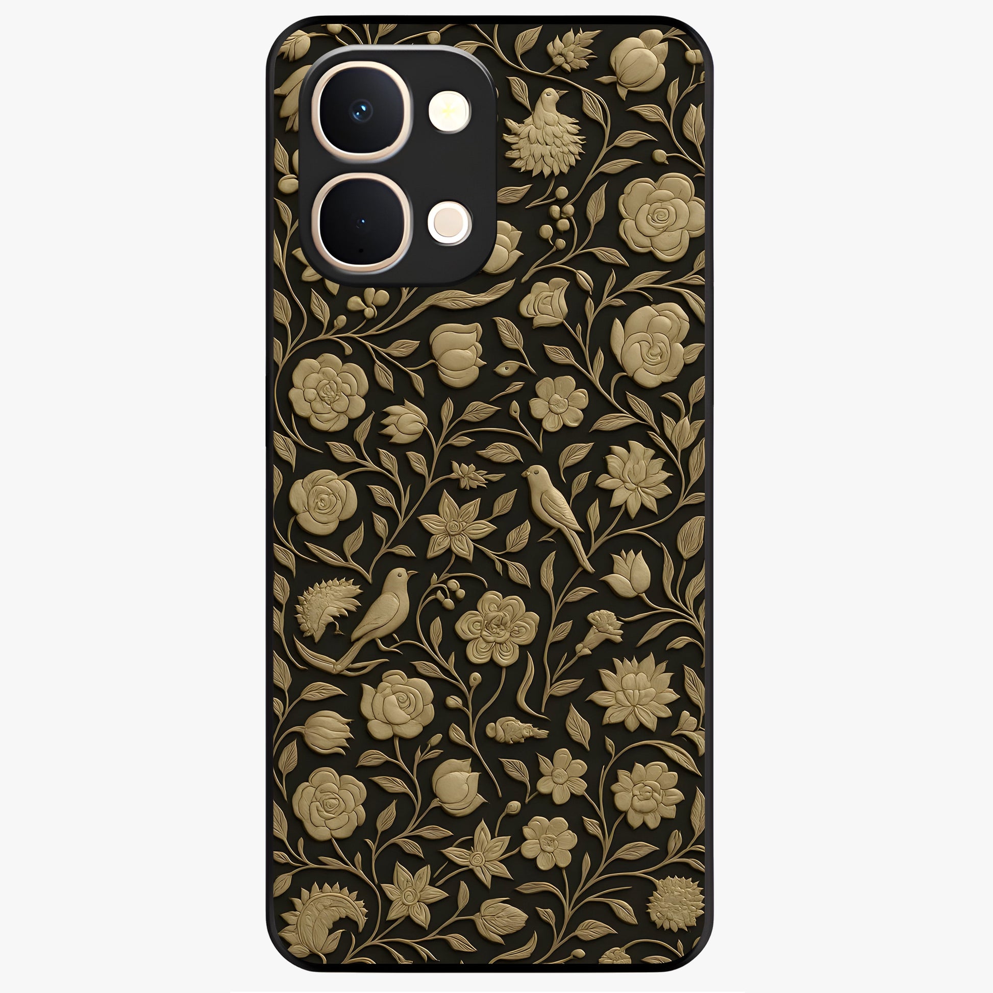 Golden Floral Majesty Glass Case showing flat back view with luxurious golden floral artwork and glossy glass finish.