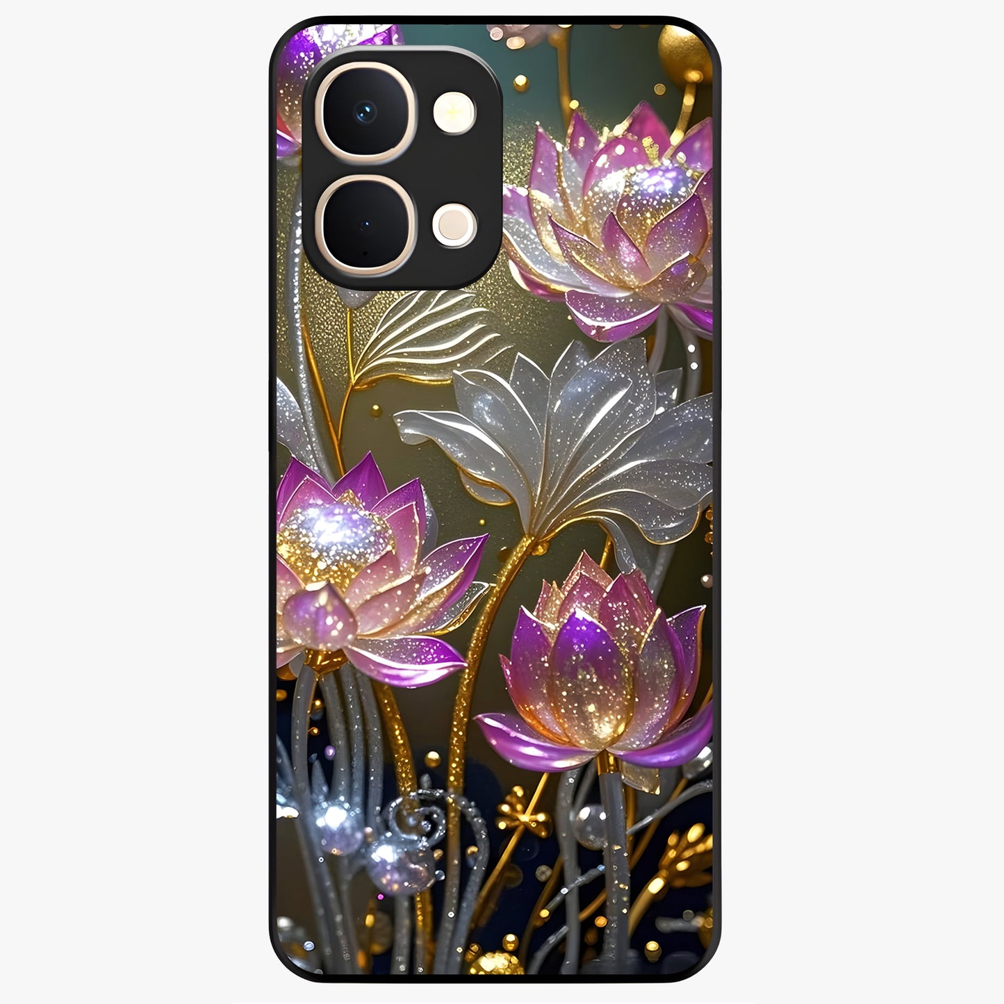 Golden Lotus Glow Glass Case showing flat back view with glowing lotus flower artwork and glossy glass finish.
