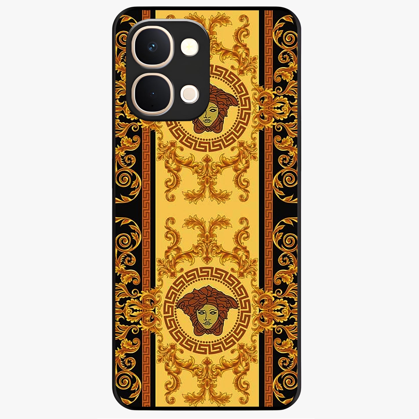 Golden Royal Heritage Glass Case showing flat back view with ornate royal pattern artwork and glossy glass finish.