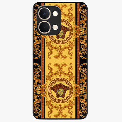Golden Royal Heritage Glass Case showing flat back view with ornate royal pattern artwork and glossy glass finish.