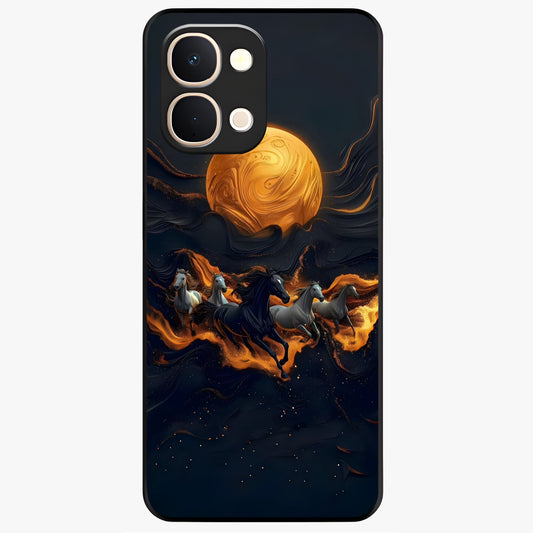 Golden Stallion Moonride Glass Case showing flat back view with majestic horse under moonlight artwork and glossy glass finish.