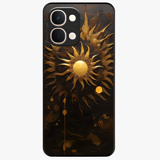 Golden Sun Majesty Glass Case showing flat back view with radiant golden sun artwork and glossy glass finish.