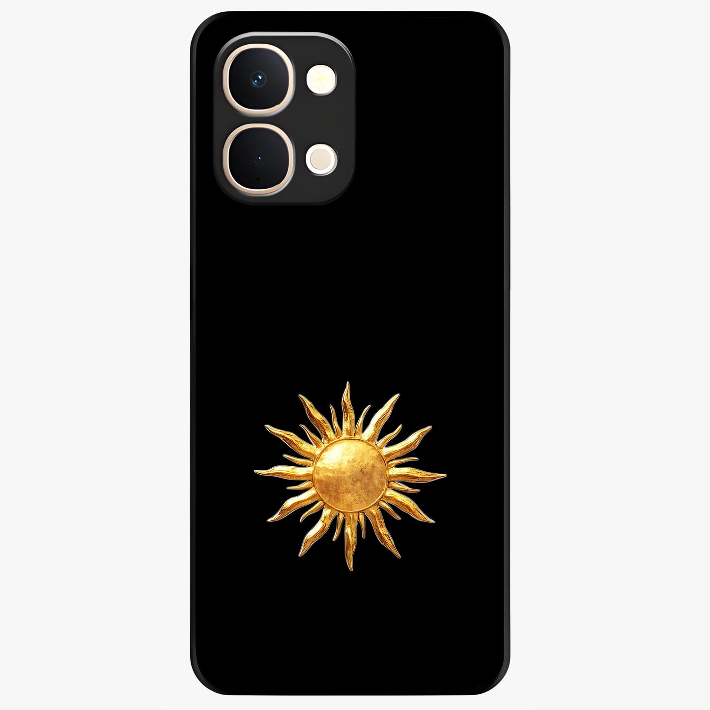 Golden Sun Minimalism Glass Case showing flat back view with minimal golden sun artwork and glossy glass finish.