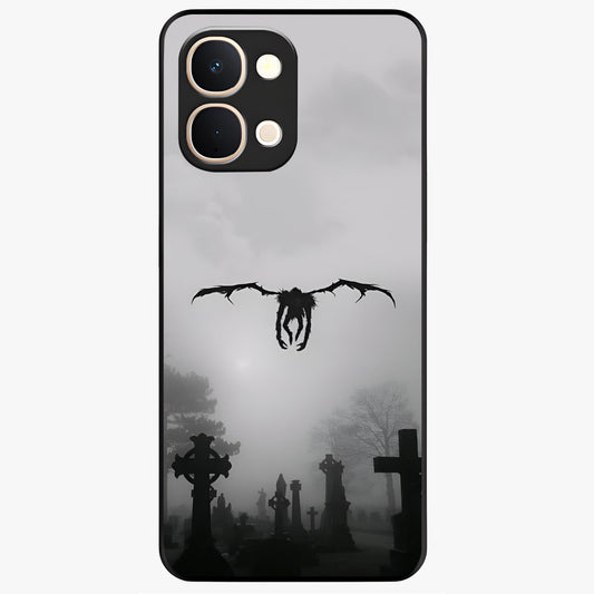Graveyard Shadow Descent Glass Case showing flat back view with dark graveyard themed artwork and glossy glass finish.