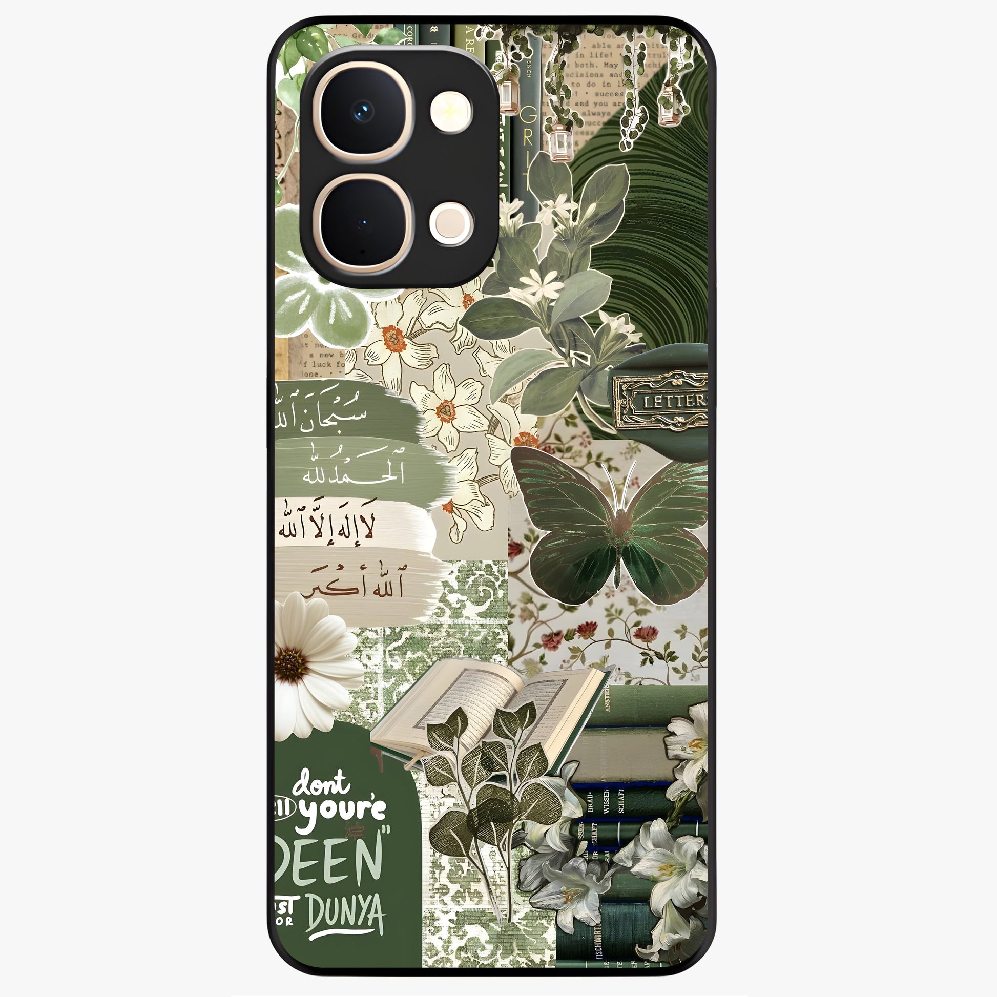 Green Islamic Books Quotes Glass Case showing flat back view with Islamic quotes and book themed artwork and glossy glass finish.
