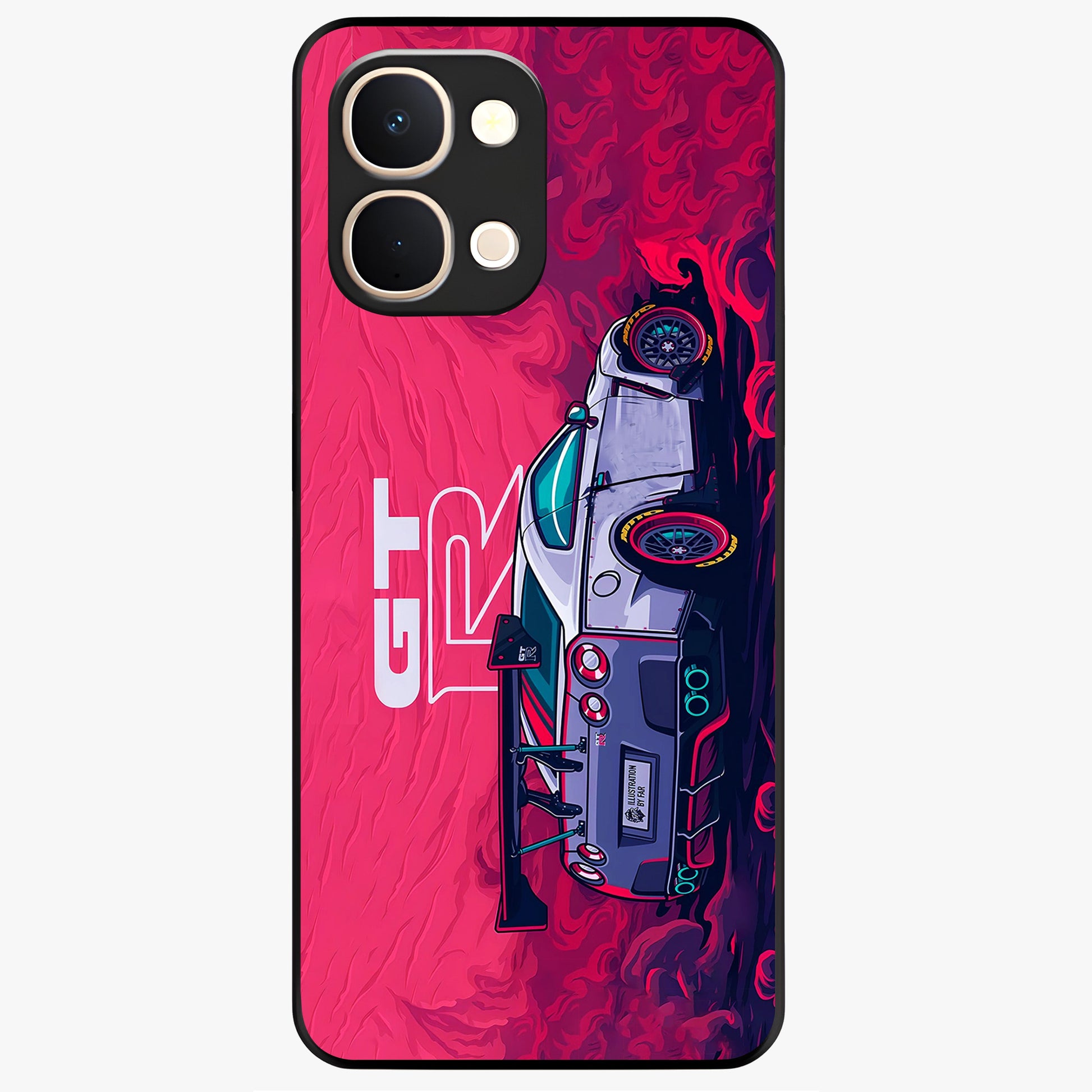 GT-R Car Pattern Glass Case showing flat back view with sporty car inspired pattern artwork and glossy glass finish.