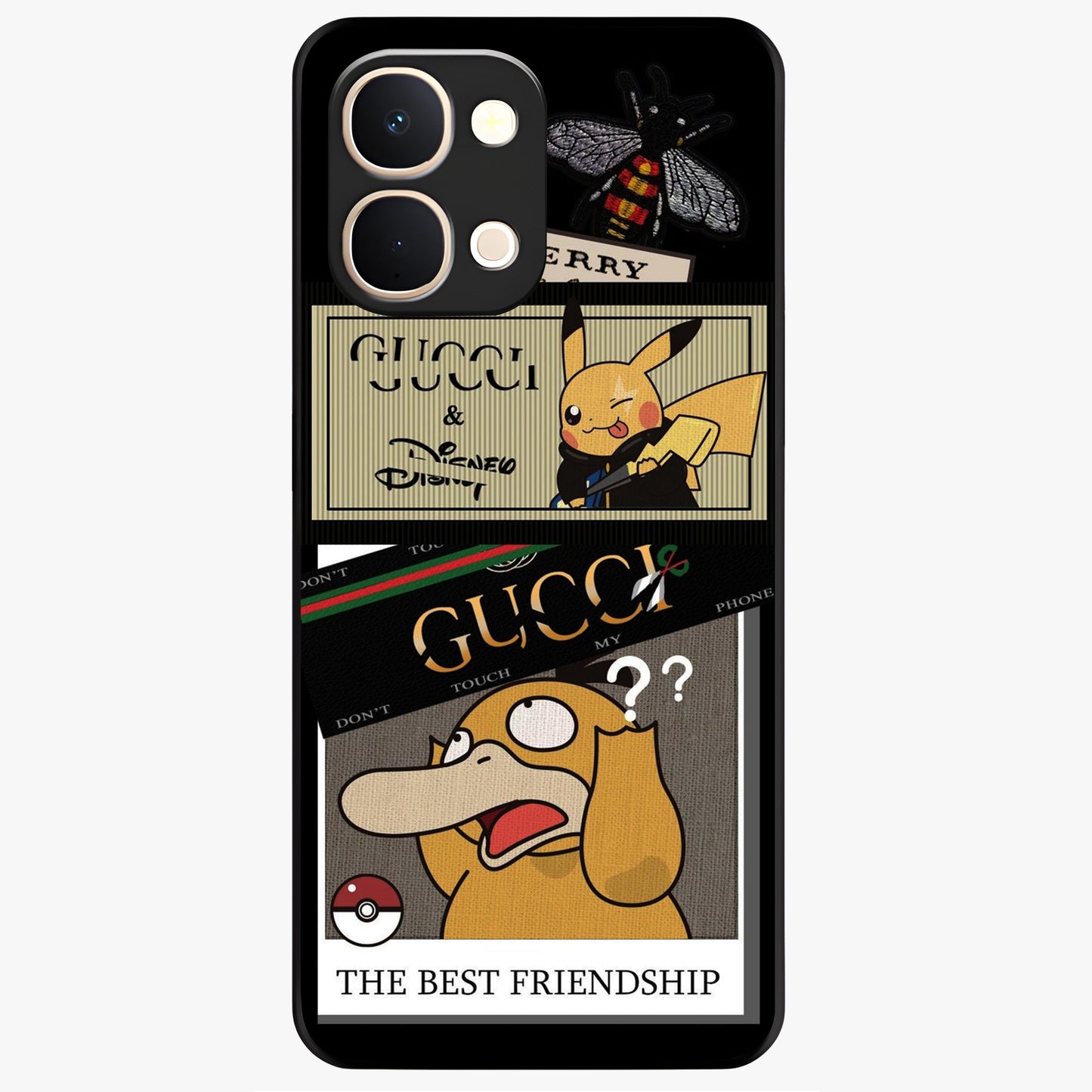 Gucci Play Mashup Glass Case showing flat back view with luxury inspired graphic artwork and glossy glass finish.