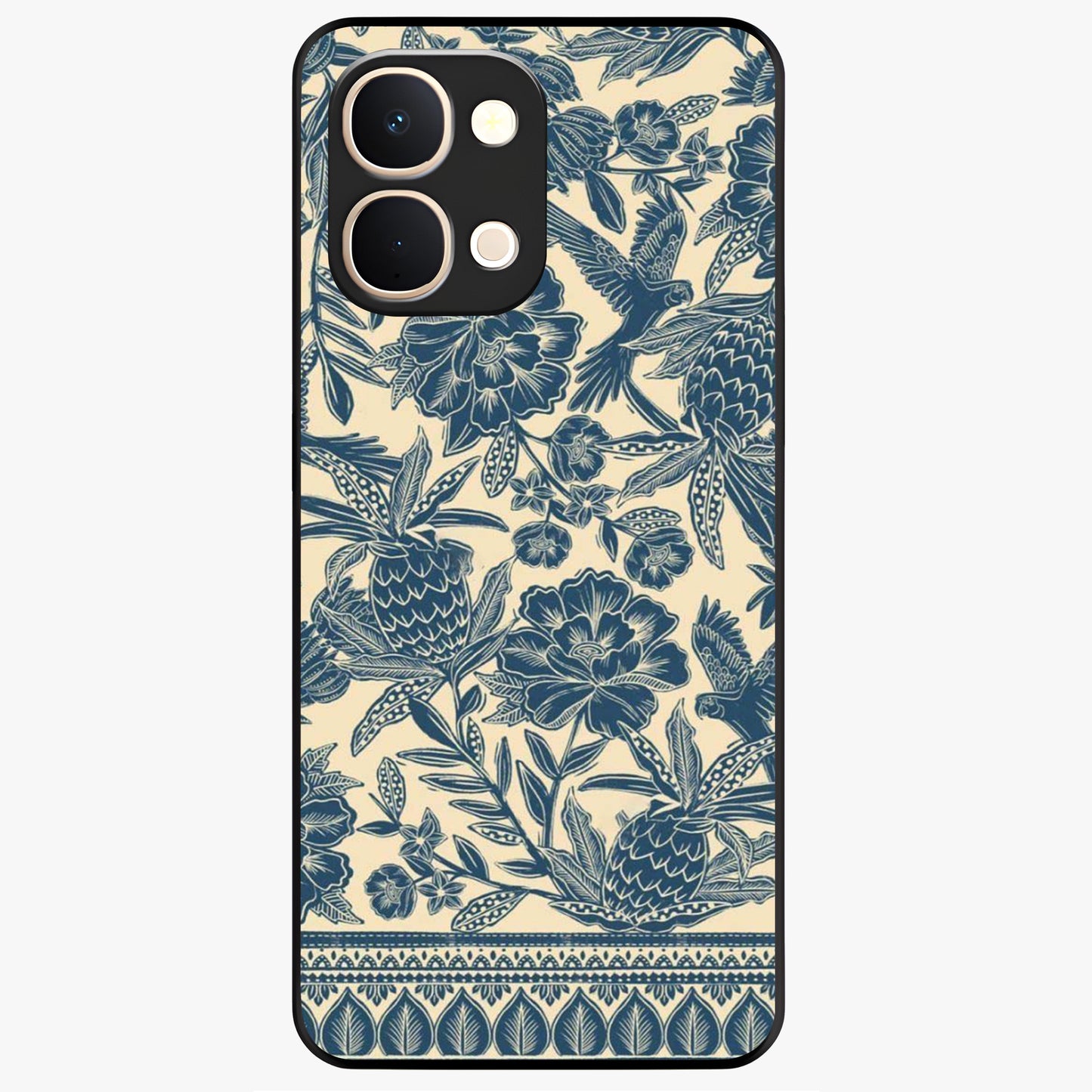 Heirloom Wild Bloom Glass Case showing flat back view with vintage inspired wild flower artwork and glossy glass finish.