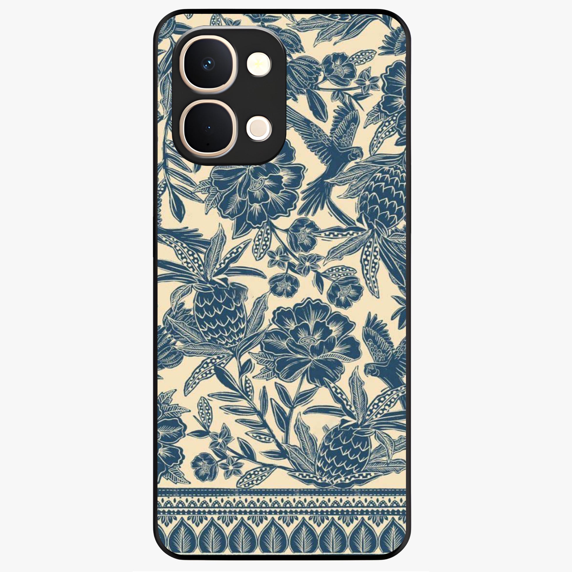 Heirloom Wild Bloom Glass Case showing flat back view with vintage inspired wild flower artwork and glossy glass finish.