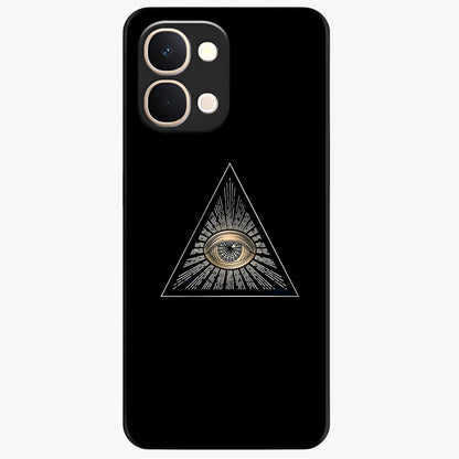 Illuminati Evil Glass Case showing flat back view with mysterious illuminati symbol artwork and glossy glass finish.