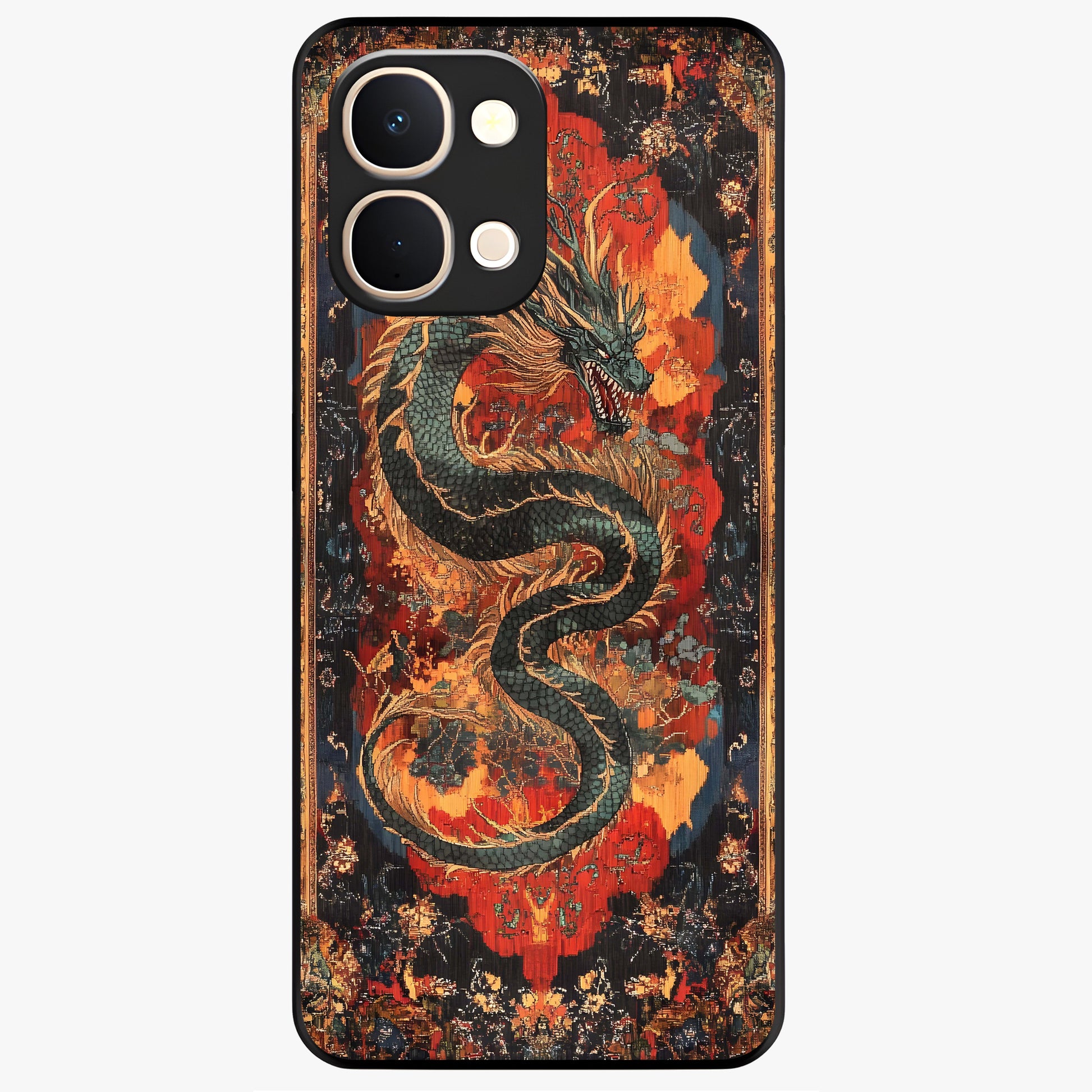 Inferno Dragon Soul Glass Case showing flat back view with fiery dragon artwork and glossy glass finish.