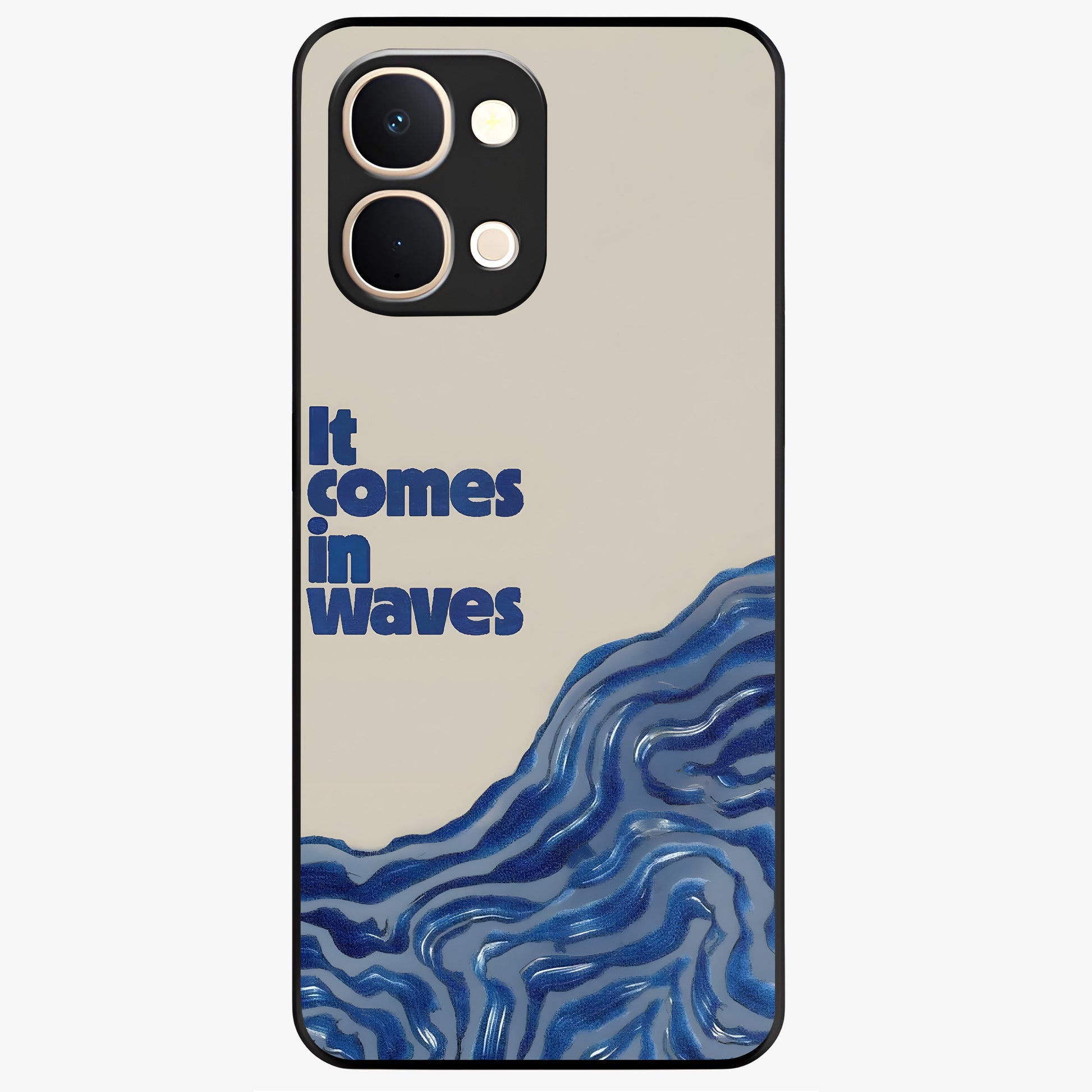 It Comes In Waves Quote Glass Case showing flat back view with inspirational wave themed quote artwork and glossy glass finish.
