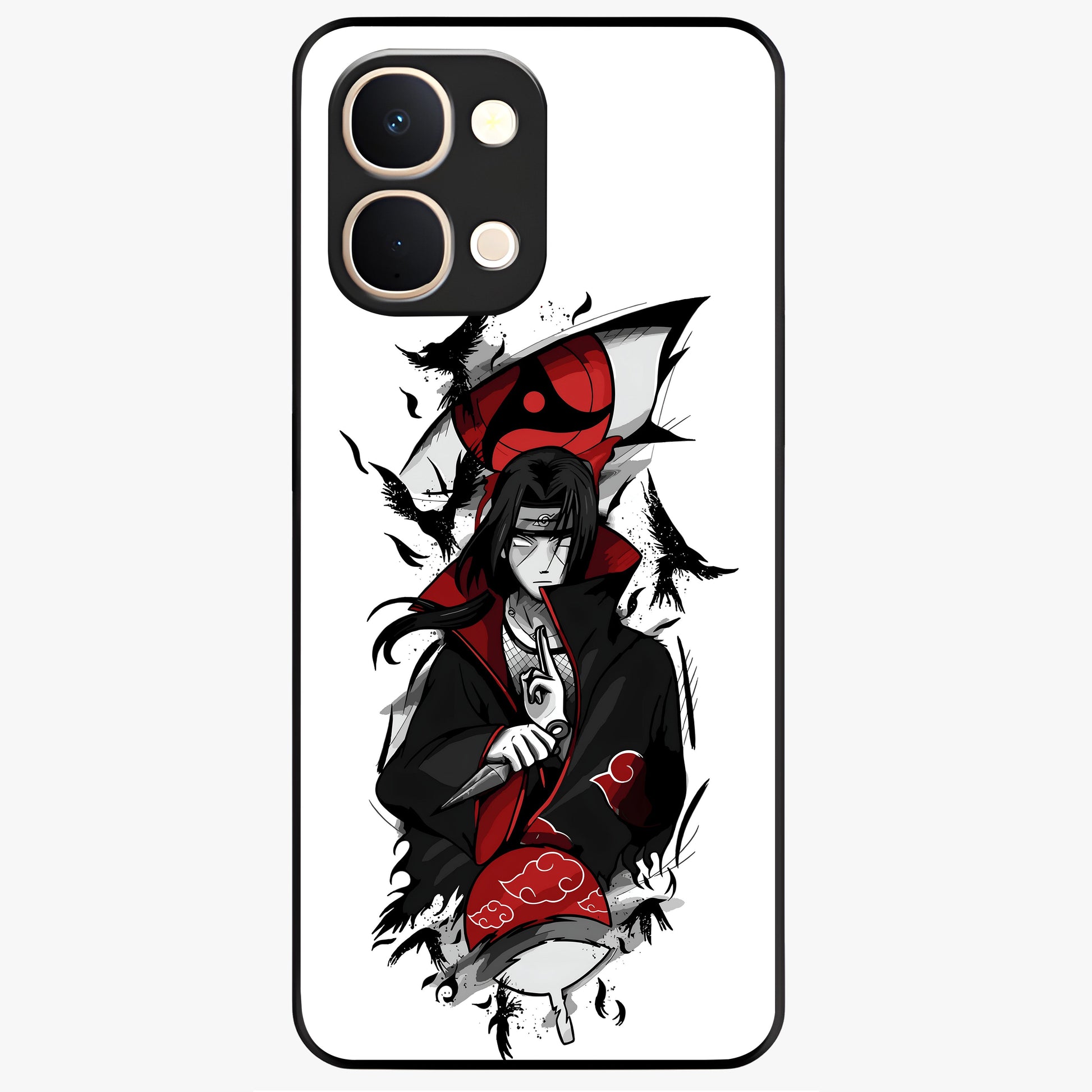 Itachi Sharingan Glass Case showing flat back view with powerful anime eye artwork and glossy glass finish.