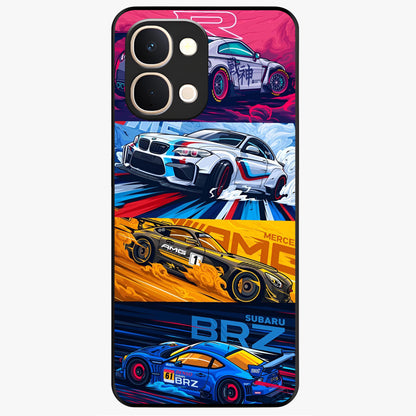 JDM Sports Car Glass Case showing flat back view with high performance sports car artwork and glossy glass finish.
