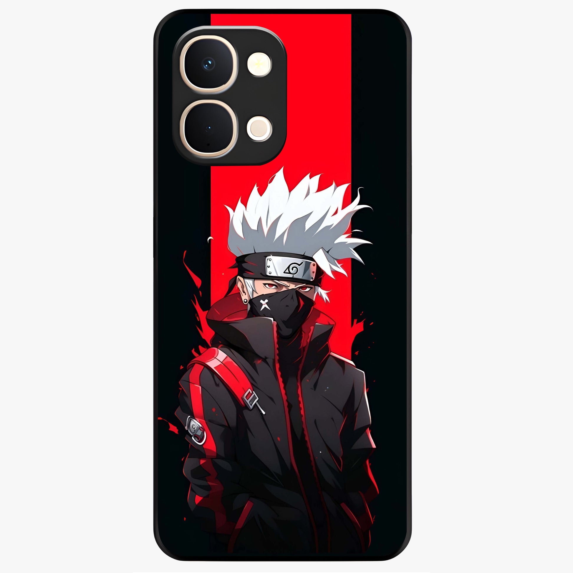 Kakashi Scarlet Shadow Glass Case showing flat back view with powerful anime ninja artwork and glossy glass finish.