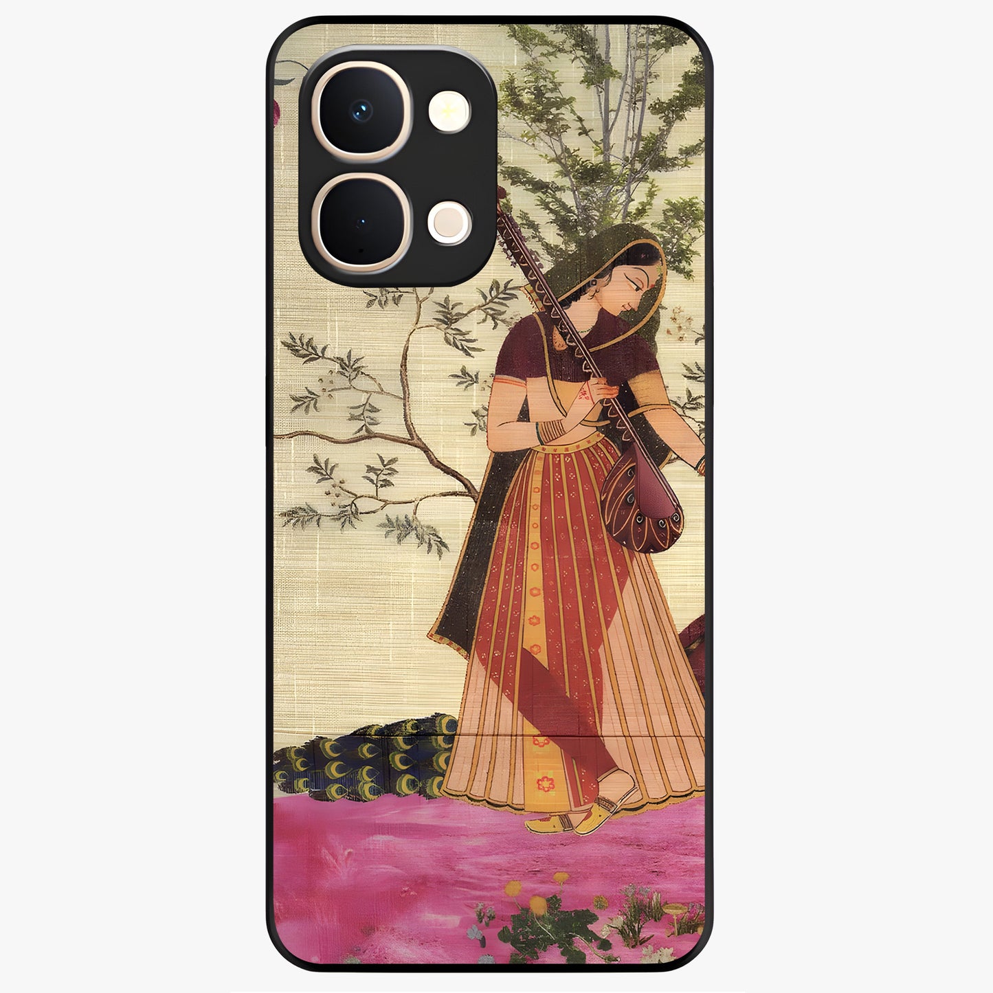 Lady With Veena Art Glass Case showing flat back view with elegant woman playing veena artwork and glossy glass finish.