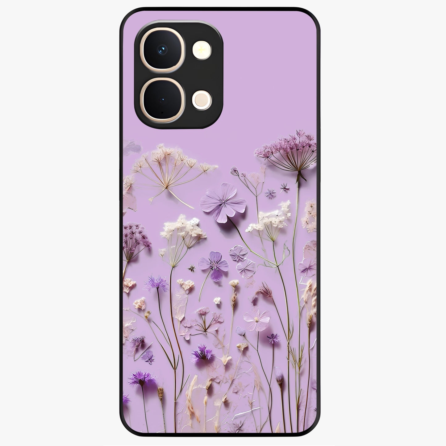 Lavender Blossom Dream Glass Case showing flat back view with soft lavender floral artwork and glossy glass finish.