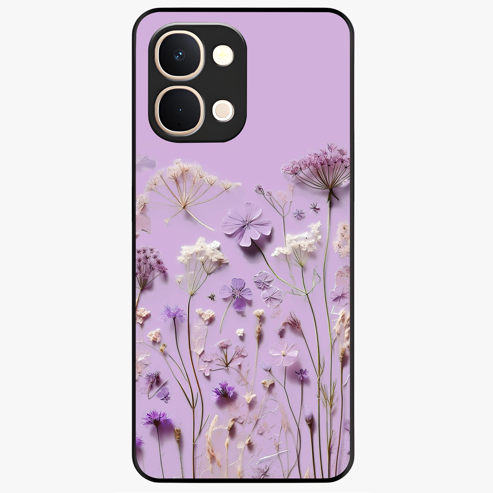 Lavender Blossom Dream Glass Case showing flat back view with soft lavender floral artwork and glossy glass finish.