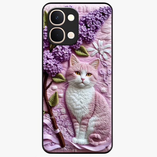 Lavender Cat Whimsy Glass Case showing flat back view with cute lavender cat artwork and glossy glass finish.