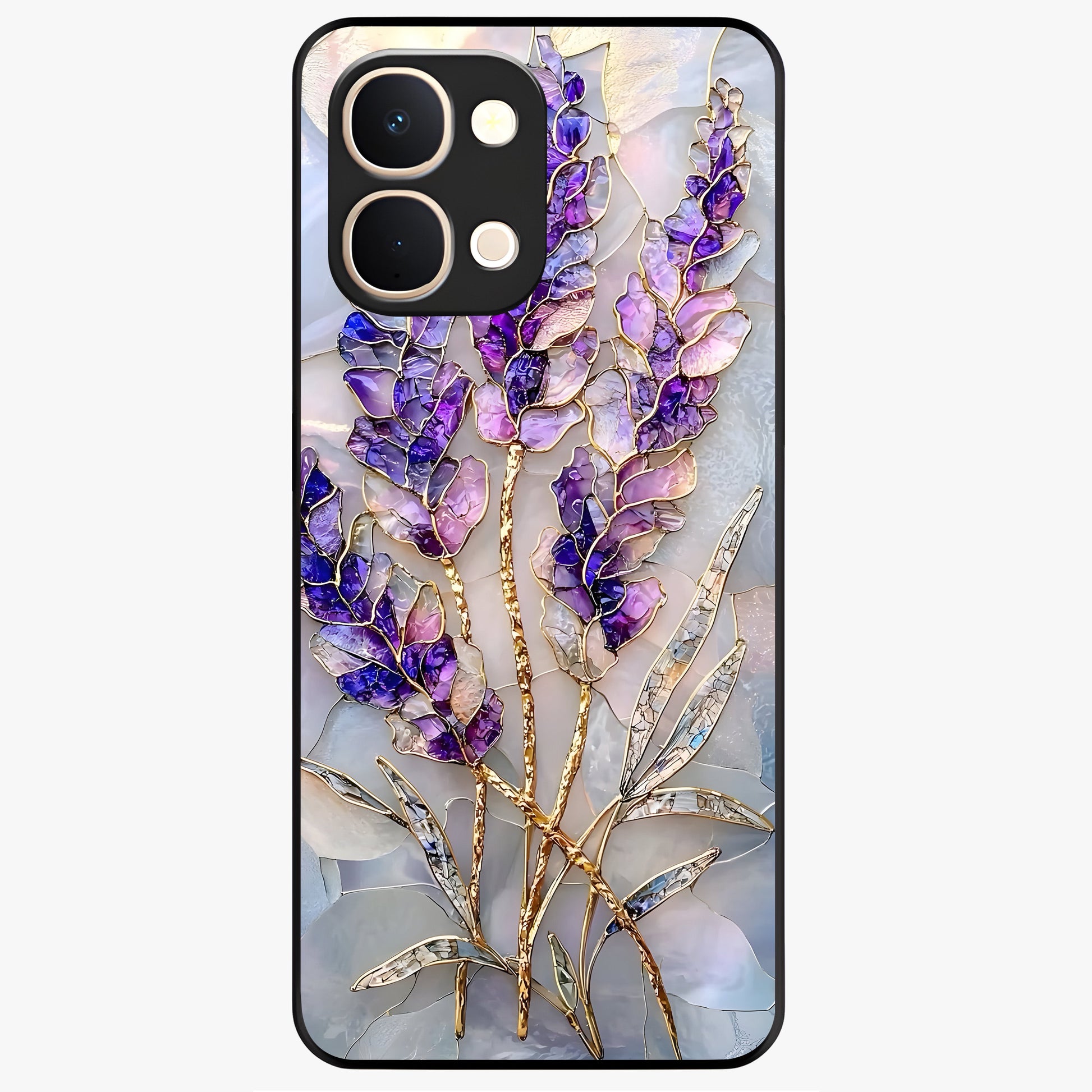 Lavender Dream Glow Glass Case showing flat back view with glowing lavender aesthetic artwork and glossy glass finish.