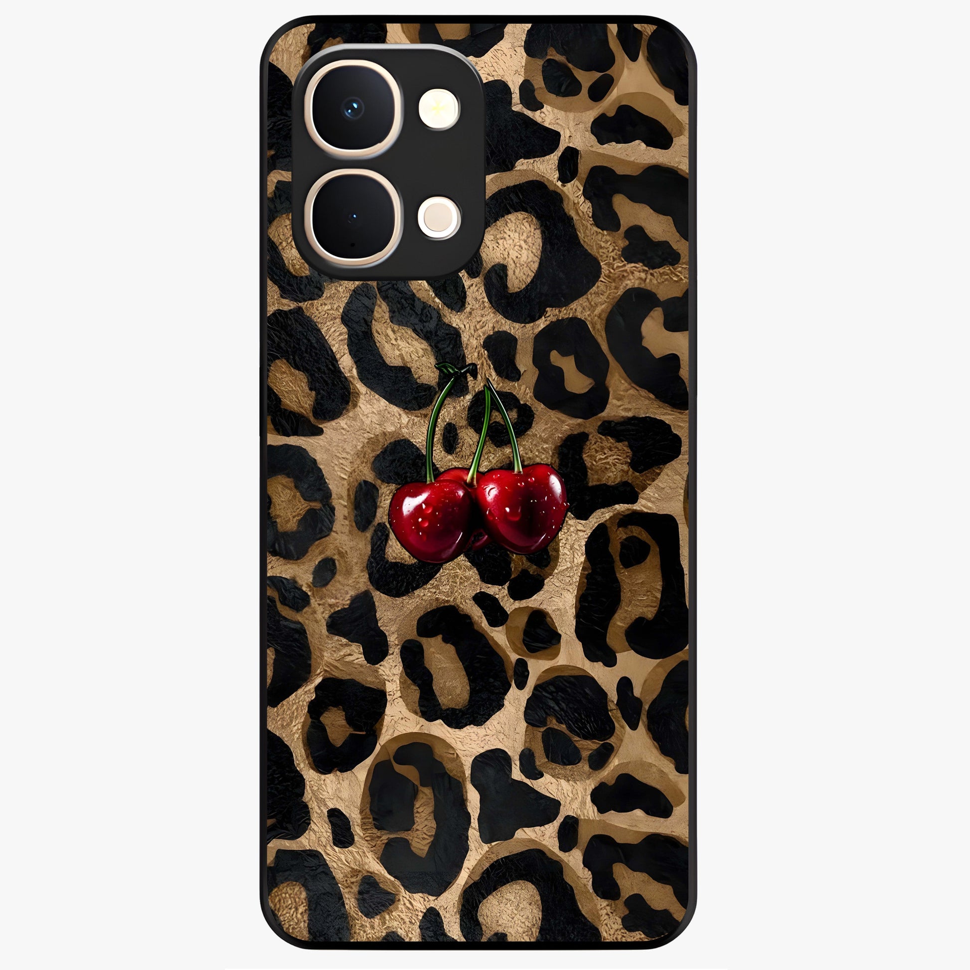 Leopard Wild Cherry Glass Case showing flat back view with leopard pattern and cherry artwork and glossy glass finish.