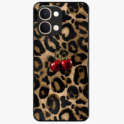 Leopard Wild Cherry Glass Case showing flat back view with leopard pattern and cherry artwork and glossy glass finish.