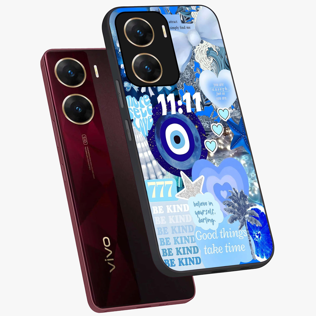Aesthetic Be Kind Eye Glass Case displayed in angled mockup highlighting aesthetic eye design and inspirational vibe.