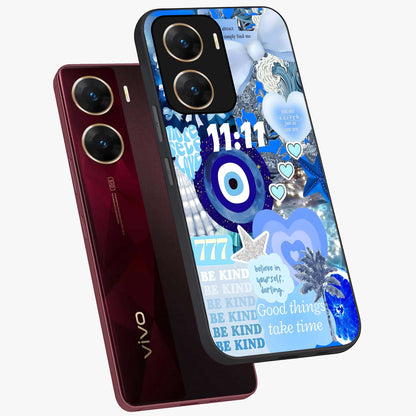 Aesthetic Be Kind Eye Glass Case displayed in angled mockup highlighting aesthetic eye design and inspirational vibe.