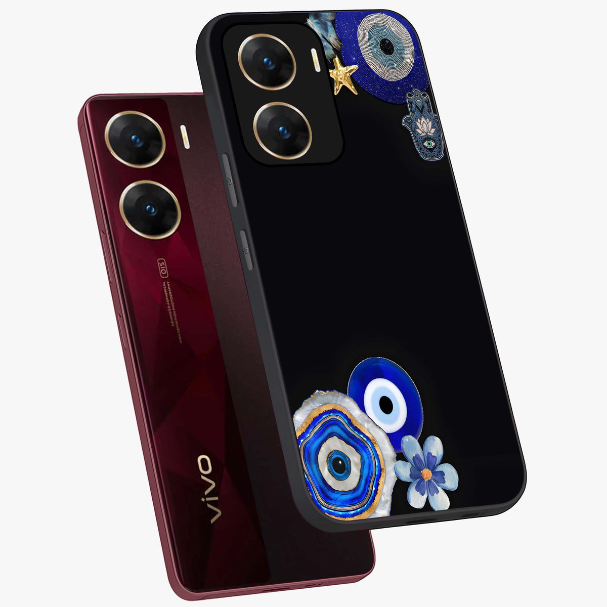 Aesthetic Blue Evil Eye Glass Case displayed in angled mockup highlighting blue evil eye symbol and spiritual aesthetic design.