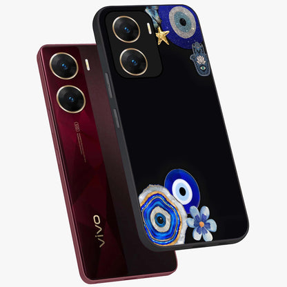 Aesthetic Blue Evil Eye Glass Case displayed in angled mockup highlighting blue evil eye symbol and spiritual aesthetic design.