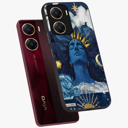 Aesthetic Lord Shiva Glass Case displayed in angled mockup highlighting spiritual Shiva illustration and sacred aesthetic design.