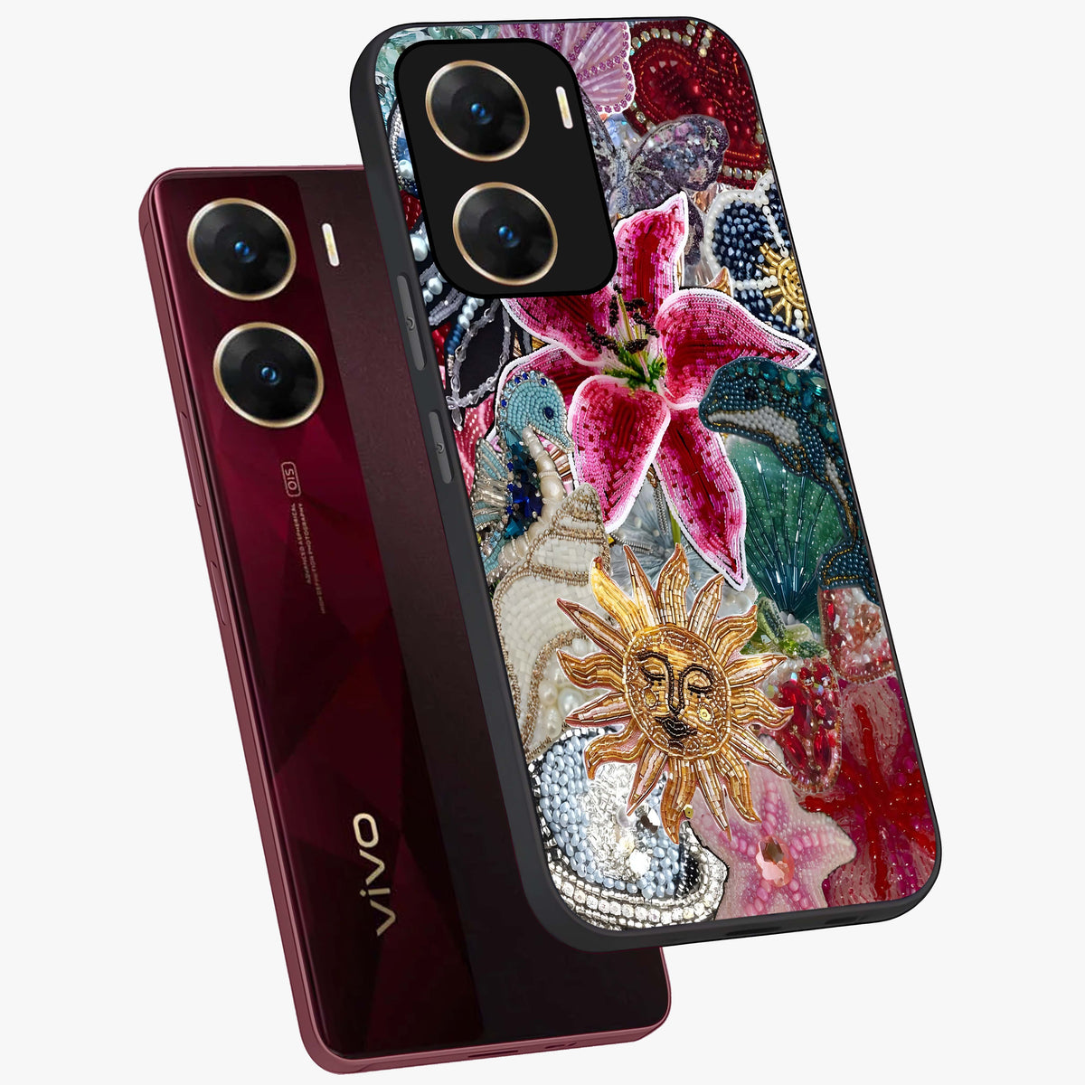 Beaded Garden Fantasy Glass Case displayed in angled mockup highlighting fantasy inspired floral bead pattern.