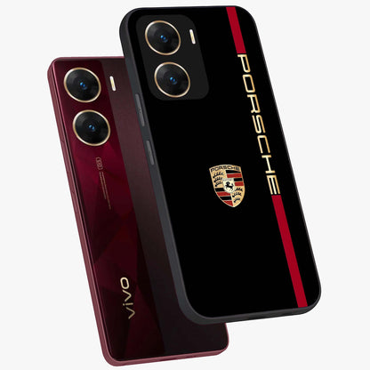 Black Minimal Porsche Glass Case displayed in angled mockup highlighting modern minimal car illustration and clean aesthetic design.