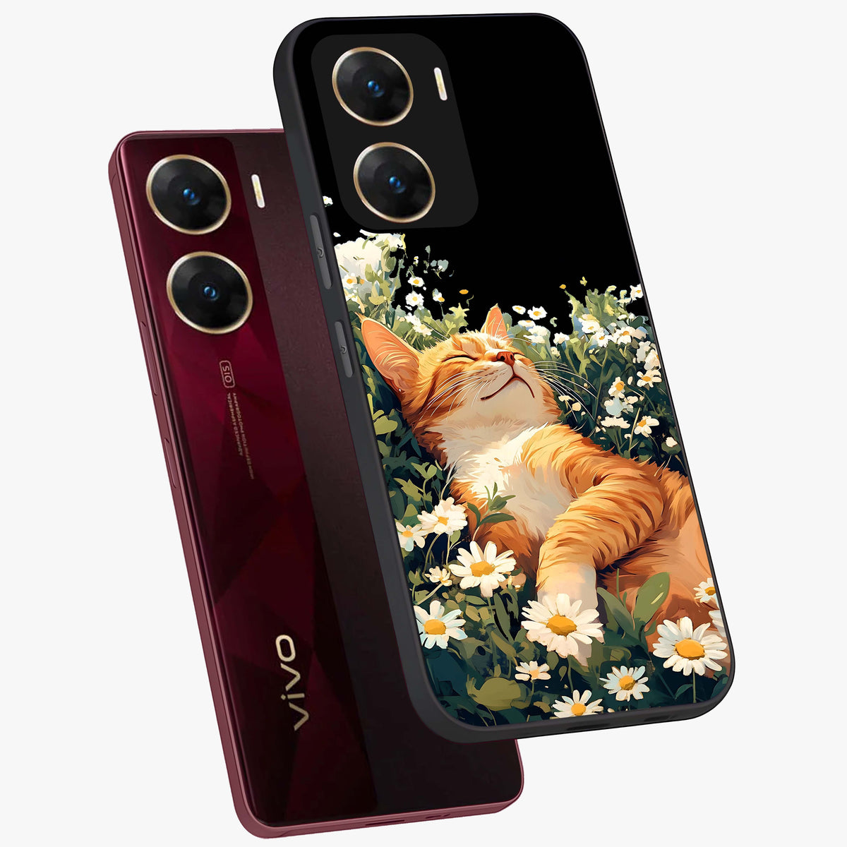 Blissful Bloom Cat Glass Case displayed in angled mockup highlighting playful feline illustration with soft floral aesthetic.