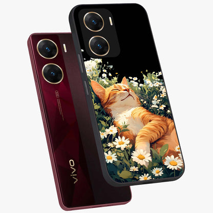 Blissful Bloom Cat Glass Case displayed in angled mockup highlighting playful feline illustration with soft floral aesthetic.