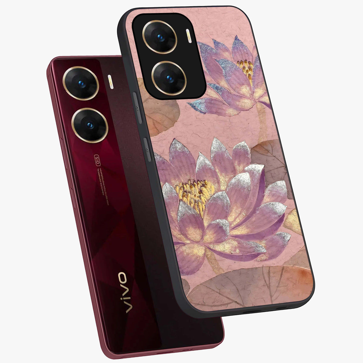 Blossom Mist Lotus Glass Case displayed in angled mockup highlighting delicate lotus illustration with calm aesthetic theme.