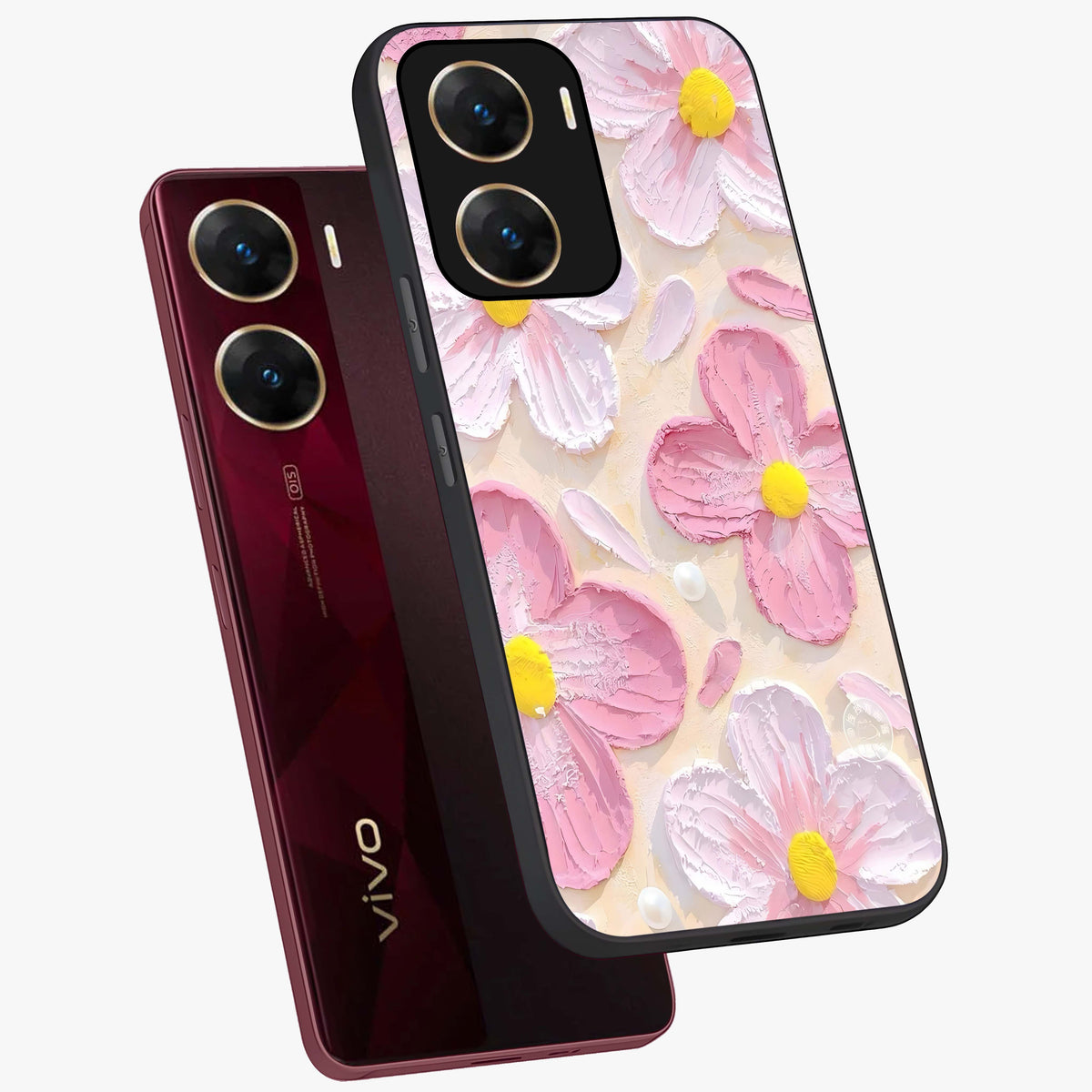 Blush Bloom Texture Glass Case displayed in angled mockup highlighting subtle bloom pattern with aesthetic pastel design.