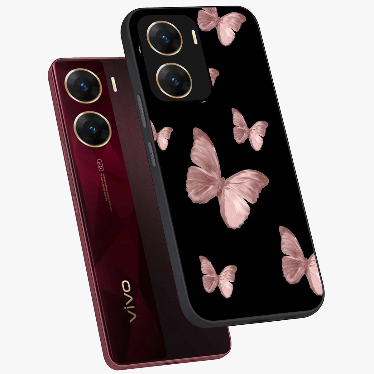 Butterfly Pattern Glass Case displayed in angled mockup highlighting delicate butterfly design and aesthetic pattern style.